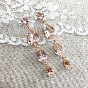 Swarovski Crystal Duster Earrings, Long Dangling Pear Earrings, Blush Pink Bridal Earrings, Morganite Color Rose Gold Wedding Earrings