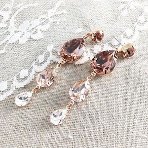 Swarovski Crystal Duster Earrings, Long Dangling Pear Earrings, Dusty Rose Blush Pink Bridal Earrings, Rose Gold Teardrop Wedding Earrings