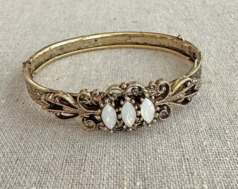 Antiqued Gold Bangle, Vintage Floral Stamped Brass Bracelet Shank, Marquise Swarovski Crystals, Victorian Filigree Detail, White Opal Stones