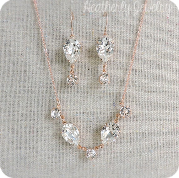 Swarovski Crystal Bridal Set Faux Diamond Rose Gold Necklace | Etsy