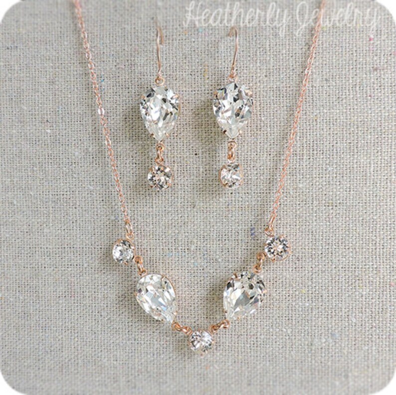 Swarovski Crystal Bridal Set, Faux Diamond Rose Gold Necklace, Delicate Clear Crystal Earrings, Crystal Teardrop Dainty Jewelry Set image 1