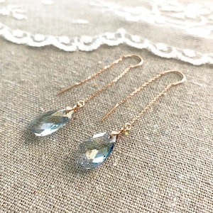 Swarovski Crystal Blue Shade Earrings • Long Dangling Teardrop Threaders • French Dusty Blue Tear Thread Earrings • Rose Gold Bridal Jewelry