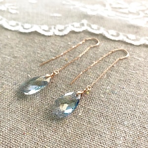 Swarovski Crystal Dusty Blue Earrings • Long Dangling Teardrop Threaders • French Blue Tear Thread Earrings • Rose Gold Bridal Jewelry