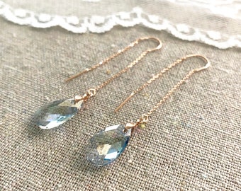 Swarovski Crystal Dusty Blue Earrings • Long Dangling Teardrop Threaders • French Blue Tear Thread Earrings • Rose Gold Bridal Jewelry