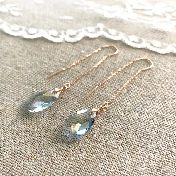 Swarovski Crystal Dusty Blue Earrings • Long Dangling Teardrop Threaders • French Blue Tear Thread Earrings • Rose Gold Bridal Jewelry