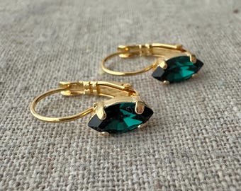 Swarovski Crystal Dangling Earrings | 10x5mm Emerald Marquise | Lever Back Drop Earrings | E0311