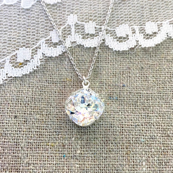 Swarovski Crystal Necklace, Iridescent Patina Cushion Cut Pendant, 12mm White Patina, Silver Gold or Rose Gold, Bridesmaids Jewelry Gift