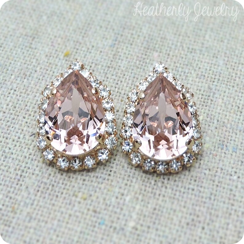 Swarovski Crystal Blush Pink Teardrop Post Earrings Crystal Faux Diamond Pave Halo Rose Gold Tear Pear Bridal Jewelry Wedding Party Gifts image 1