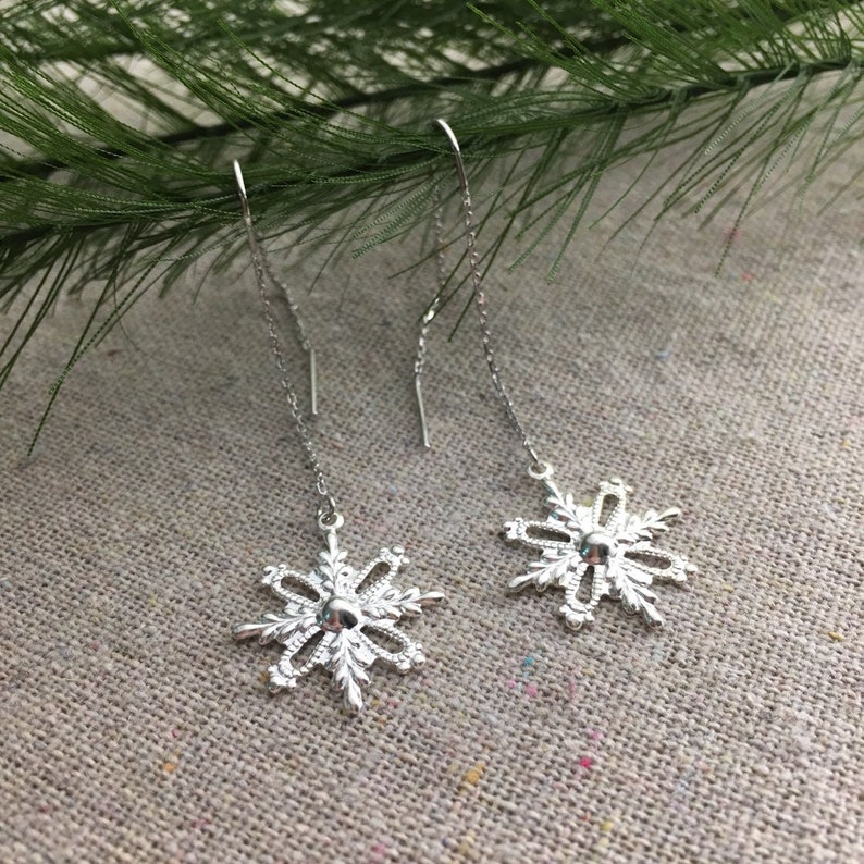 Delicate Snowflake Threader Earrings, Silver Gold or Rose Gold Threader Earrings, Bridesmaid Gifts, Christmas Winter Wedding image 4