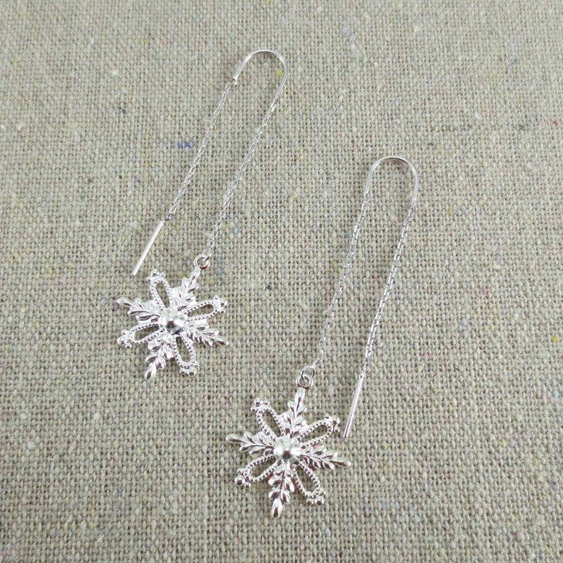 Delicate Snowflake Threader Earrings, Silver Gold or Rose Gold Threader Earrings, Bridesmaid Gifts, Christmas Winter Wedding image 6