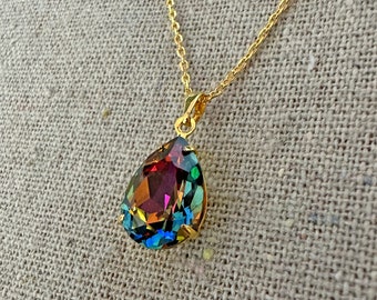 Swarovski Crystal Necklace, Volcano 14x10mm Pear Cut Rhinestone Pendant, Simple Solitaire Teadrop Necklace, Gold Rose Gold Silver