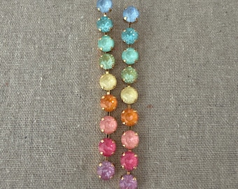 Swarovski Crystal Dangling Stud Earrings | 8mm Sunlit Tides Xirius Chatons | Long Statement Dusters | Surgical Steel Posts | E0477