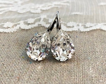 Swarovski Crystal Earrings, 14x10mm Pear Cut Faux Diamond Leverbacks, Dangling Drop Bridal, Teardrop Bridesmaids Gift, Gold Rose Gold Silver