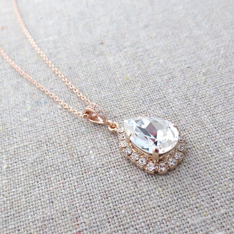 Swarovski Crystal Faux Diamond Halo Teardrop Pendant Pave Rose Gold Bridal Necklace Morganite Wedding Jewelry Bridesmaids Proposal Ask Gifts image 4