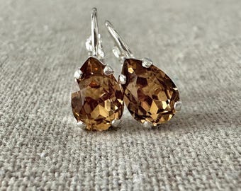 Swarovski Crystal Dangling Earrings | 10x7mm Light Colorado Topaz Pears | Lever Back Drop Earrings | E0227