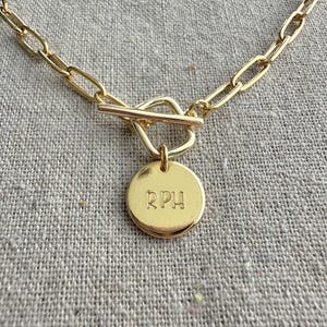 14k Gold Plated Paperclip Necklace, Monogram Initials Coin Charm, Front Toggle Clasp Clip, Custom Personalized, Chunky Chain, Custom Length