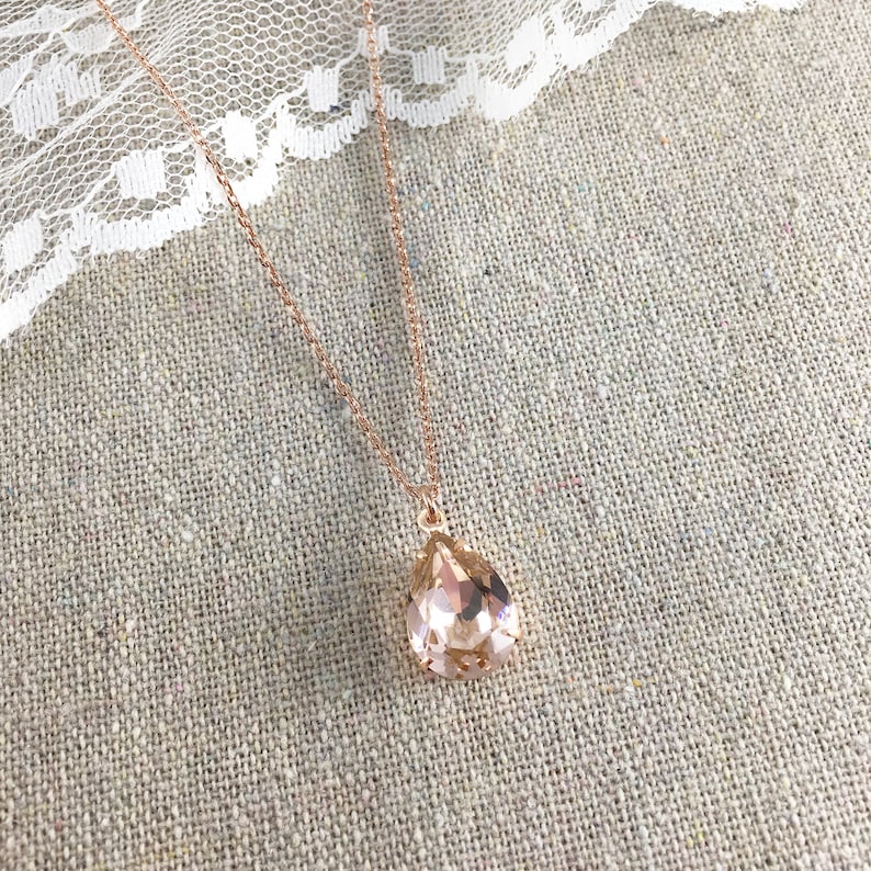 Swarovski Blush Pink Teardrop Crystal Rose Gold Necklace, Simple Pear Vintage Rose Bridal Jewelry, Wedding Bridesmaids Gifts, Tear Pendant image 6