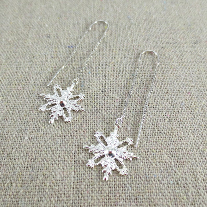 Delicate Snowflake Threader Earrings, Silver Gold or Rose Gold Threader Earrings, Bridesmaid Gifts, Christmas Winter Wedding image 1