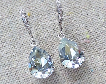 Swarovski Crystal Blue Shade Pear Tear Stone Rhinestone Dangling Delicate Bridal Wedding Silver Cubic Zirconia Earrings Pale French Blue