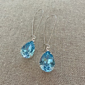 Swarovski Crystal Earrings, Aquamarine Pear Long Dangling Teardrop Tear Drop Rose Gold Silver Bridal Earrings Wedding Bridesmaids Gifts