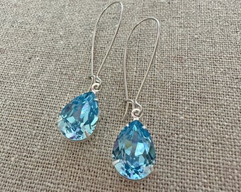 Swarovski Crystal Earrings, Aquamarine Pear Long Dangling Teardrop Tear Drop Rose Gold Silver Bridal Earrings Wedding Bridesmaids Gifts