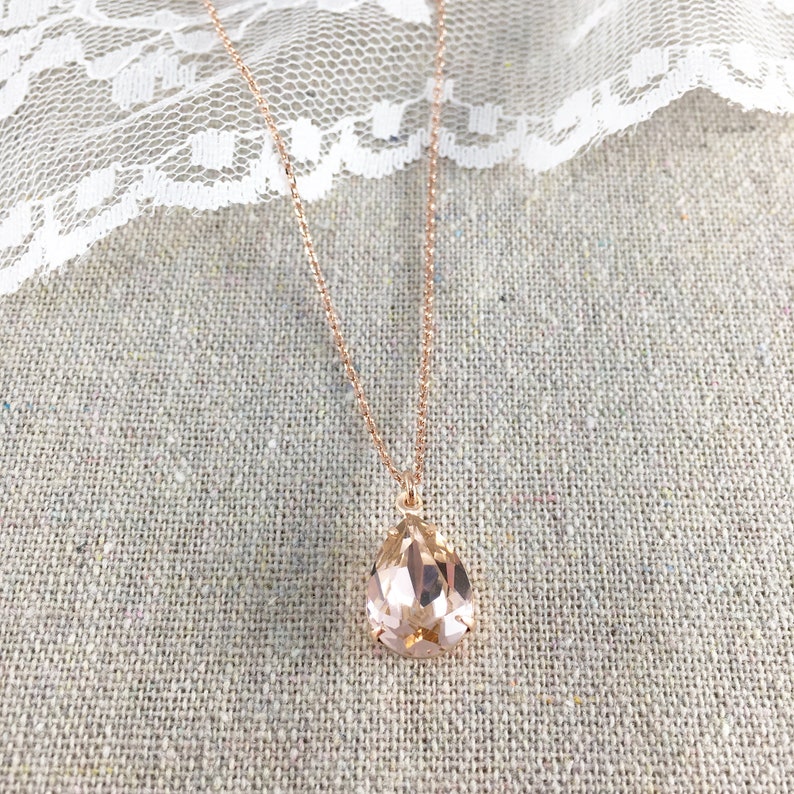 Swarovski Blush Pink Teardrop Crystal Rose Gold Necklace, Simple Pear Vintage Rose Bridal Jewelry, Wedding Bridesmaids Gifts, Tear Pendant image 9