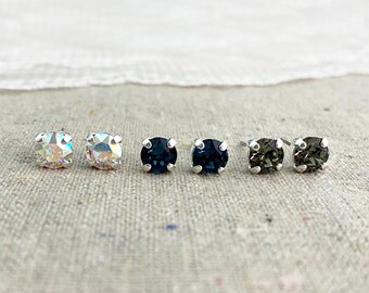 Swarovski Crystal Earrings, Navy Blue Studs, Iridescent Posts, Black Diamond Small Earrings, Bridesmaid Gifts, Flower Girl Gifts