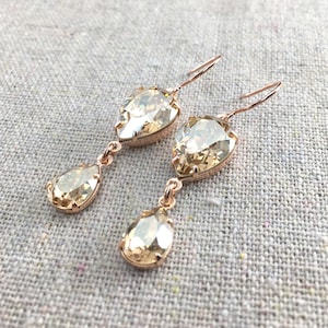 Swarovski Crystal Earrings, Golden Shadow Dangling Pears, Wedding Bridal Drop Statement Earrings, Gold Rose Gold Silver, Champagne Sparkle