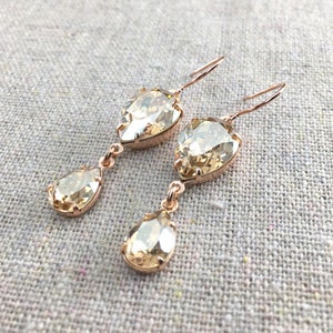 Swarovski Crystal Earrings, Golden Shadow Dangling Pears, Wedding Bridal Drop Statement Earrings, Gold Rose Gold Silver, Champagne Sparkle