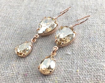 Swarovski Crystal Earrings, Golden Shadow Dangling Pears, Wedding Bridal Drop Statement Earrings, Gold Rose Gold Silver, Champagne Sparkle