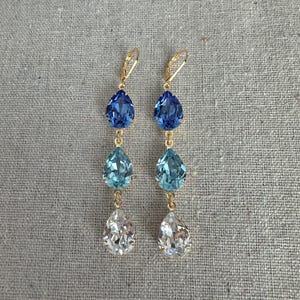 Swarovski Crystal Earrings, Bright Blue Ombre Pear Cut, Statement Duster Dangling Earrings, Stiletto Teardrop Rhinestones