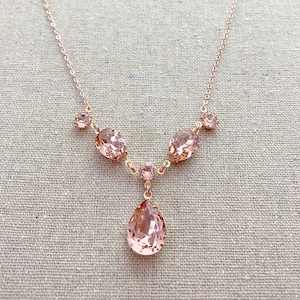 Swarovski Crystal Blush Pink Bridal Necklace, Rose Gold Brides Necklace, Custom Wedding Jewelry, Pale Pink Teardrop Statement Necklace