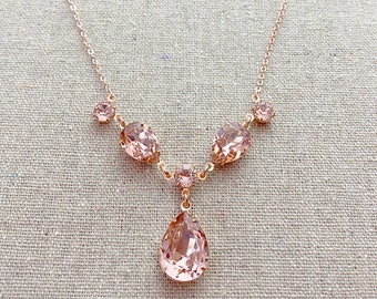 Swarovski Crystal Blush Pink Bridal Necklace, Rose Gold Brides Necklace, Custom Wedding Jewelry, Pale Pink Teardrop Statement Necklace