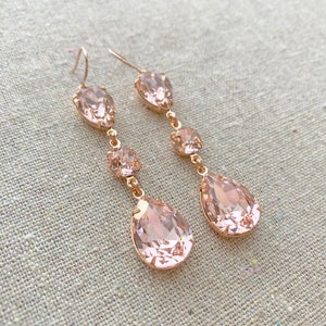 Swarovski Crystal Blush Pink Teardrop Long Dangling Morganite Rose Gold Bridal Earrings Wedding Jewelry Bridesmaids Gifts