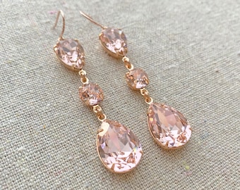 Swarovski Crystal Blush Pink Teardrop Long Dangling Morganite Rose Gold Bridal Earrings Wedding Jewelry Bridesmaids Gifts