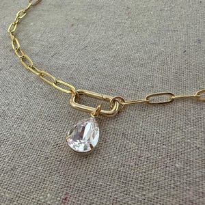 Swarovski Crystal Pendant Necklace | 14x10mm Crystal Pear | Chunky Drawn Paperclip Chain | Removable Pendant Front Clasp | N0407-1