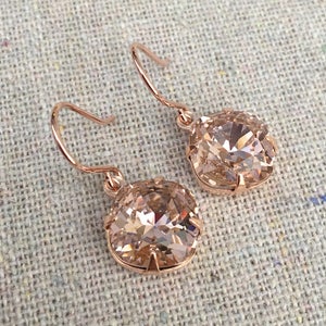 Swarovski Crystal Blush Pink Cushion Cut Rose Gold Dangling Bridal Earrings Bridesmaids Gifts Wedding Jewelry Brides Faux Morganite Earrings image 6