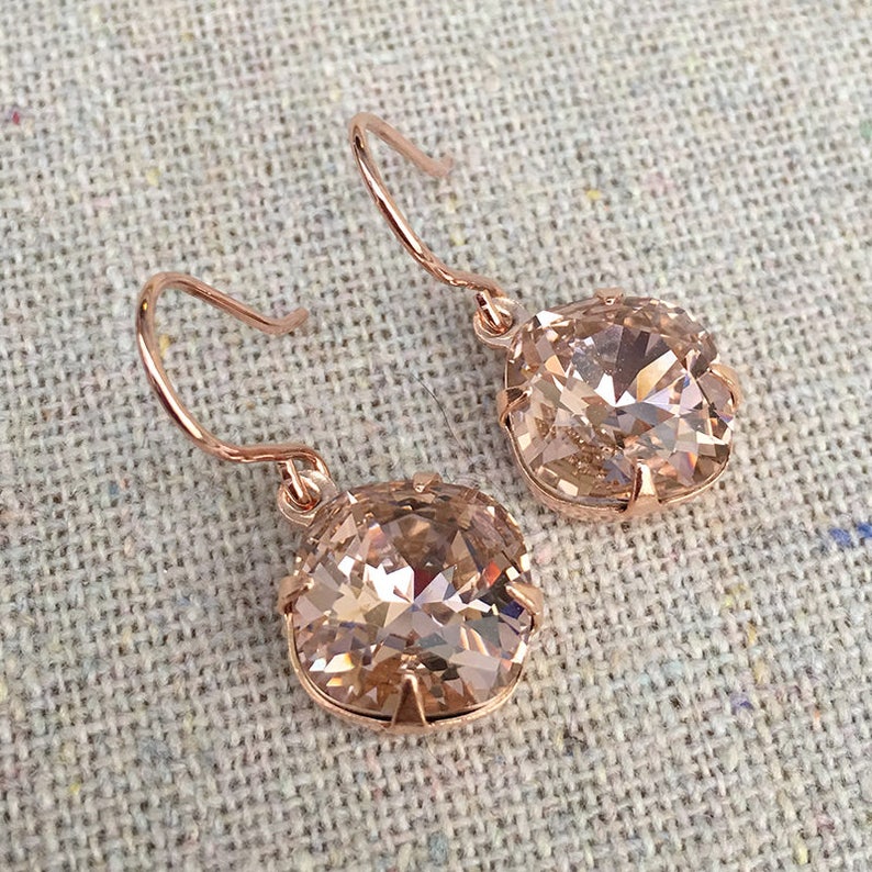 Swarovski Crystal Blush Pink Cushion Cut Rose Gold Dangling Bridal Earrings Bridesmaids Gifts Wedding Jewelry Brides Faux Morganite Earrings image 6