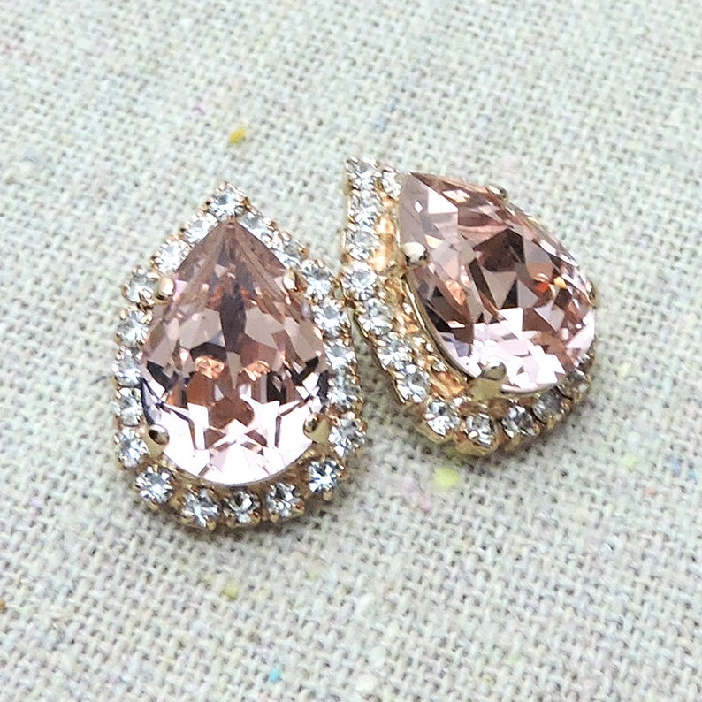 Swarovski Crystal Blush Pink Teardrop Post Earrings Crystal Faux Diamond Pave Halo Rose Gold Tear Pear Bridal Jewelry Wedding Party Gifts image 4