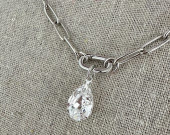Swarovski Crystal Pendant Necklace | 14x10mm Crystal Pear | Chunky Drawn Paperclip Chain | Removable Pendant Front Clasp | N0501