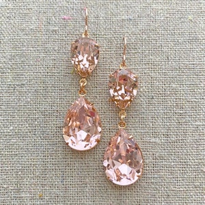 Swarovski Crystal Vintage Rose Teardrop Statement Long Dangling Earrings, Morganite Blush Pink Gold Rose Gold Silver, Bridal Wedding Jewelry