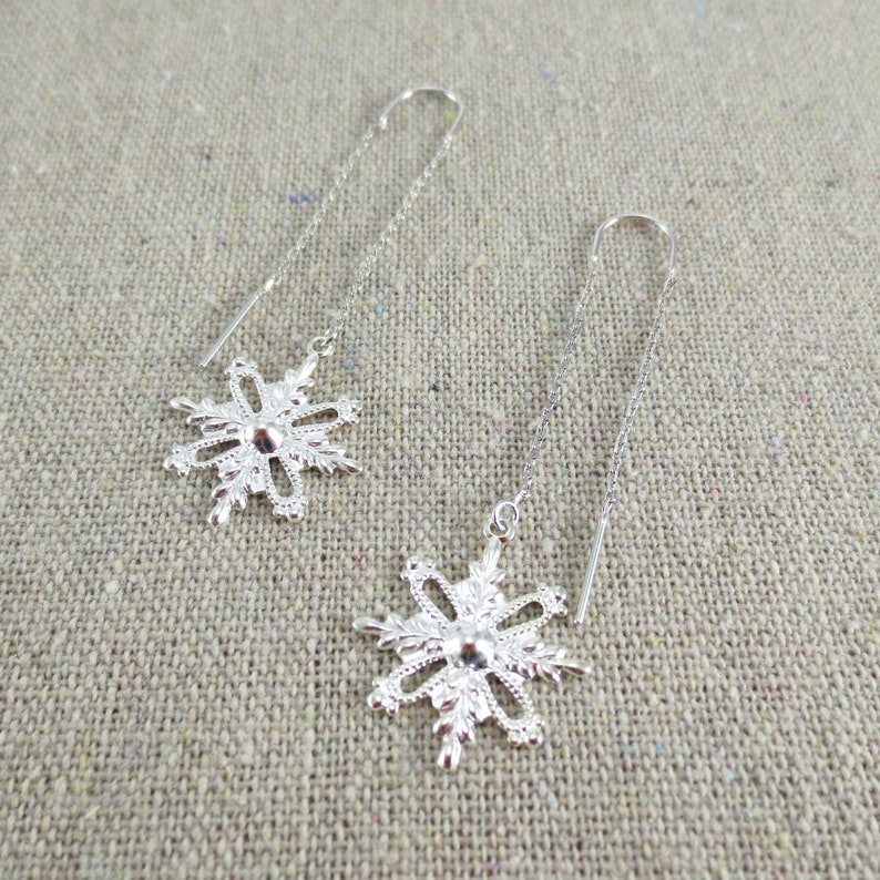 Delicate Snowflake Threader Earrings, Silver Gold or Rose Gold Threader Earrings, Bridesmaid Gifts, Christmas Winter Wedding image 5