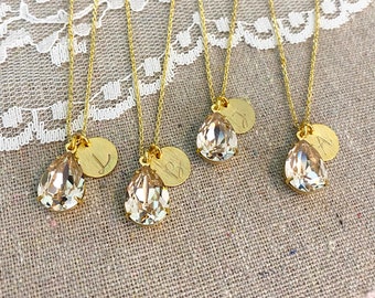 Swarovski Champagne Teardrop Crystal Gold Necklace Stamped Initial Bridal Jewelry Wedding Necklace Personalized Bridesmaids Gifts