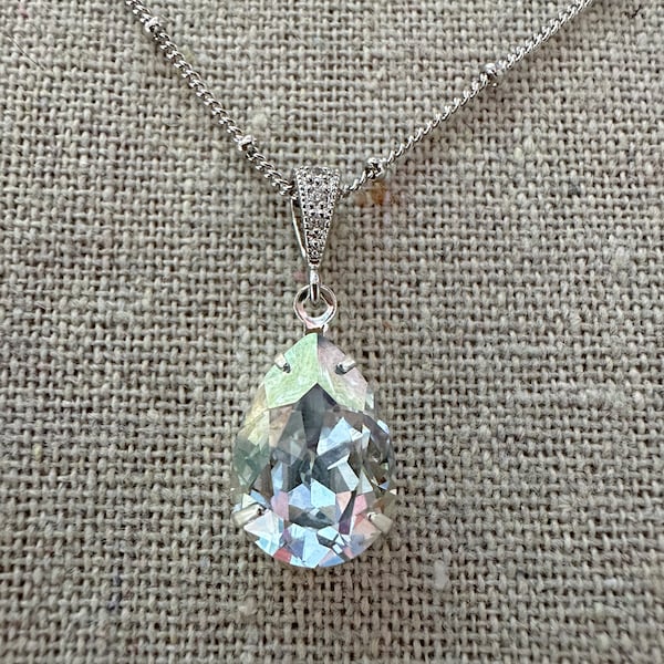 Swarovski Crystal Blue Shade Necklace, Pear Tear Stone Rhinestone, Bridal Wedding, Silver Rose Gold, Cubic Zirconia, Pale French Blue