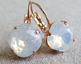 Swarovski Crystal Leverback Dangling Earrings, 10mm Cushion Cut Square White Opal, 14k Gold Rose Gold Silver, Bridal Wedding Bridesmaids