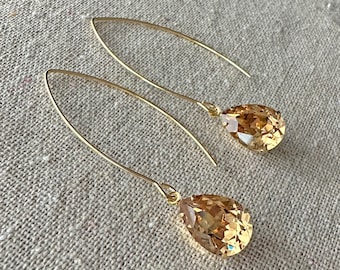 Swarovski Crystal Earrings, Extra Long Dangling Drop, Light Colorado Topaz 14x10 Pear Cut, Wedding Bridal Bridesmaids Gifts, Gold or Silver