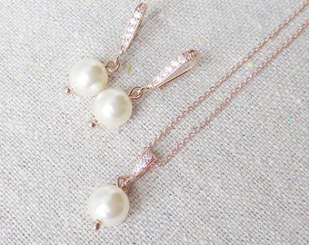 Swarovski Crystal Pearl Jewelry Set | 8mm Cream Crystal Pearls | Dangling Drop Earrings | Pendant Necklace | E0062 / N0063