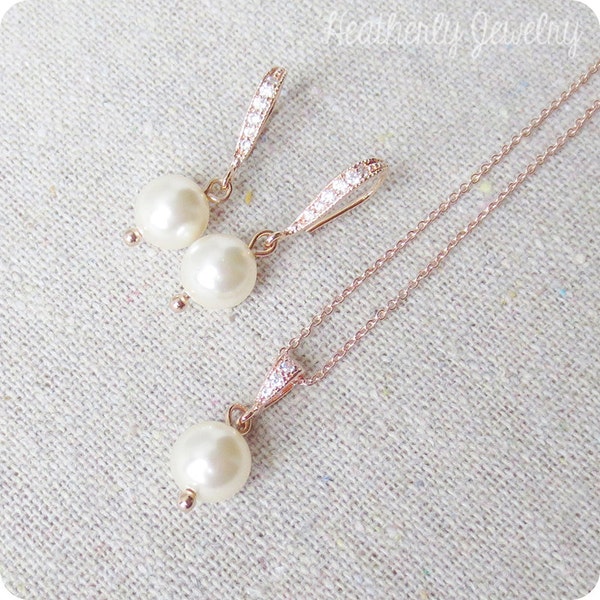 Swarovski Crystal Cream Light Pearl Pave Cubic Zirconia Simple Rose Gold Dangling Earrings Necklace Bridal Jewelry Set Bridesmaids Gifts