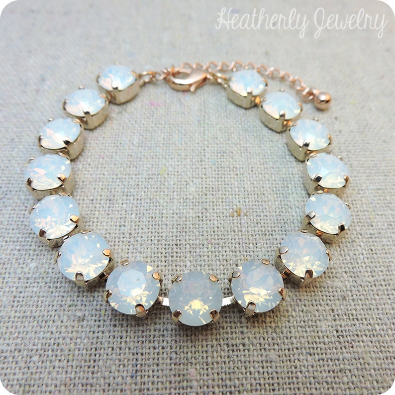 Swarovski Crystal Tennis Bracelet, White Opal Xirius Chaton, 14k Gold Silver Rose Gold Adjustable Bracelet, Bridal Jewelry, Custom Colors image 1