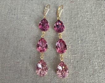 Swarovski Crystal Dangling Earrings | 14x10mm Dark Rose, Rose, Light Rose Pear | Pink Ombre Long Stiletto Lever Backs| E0452